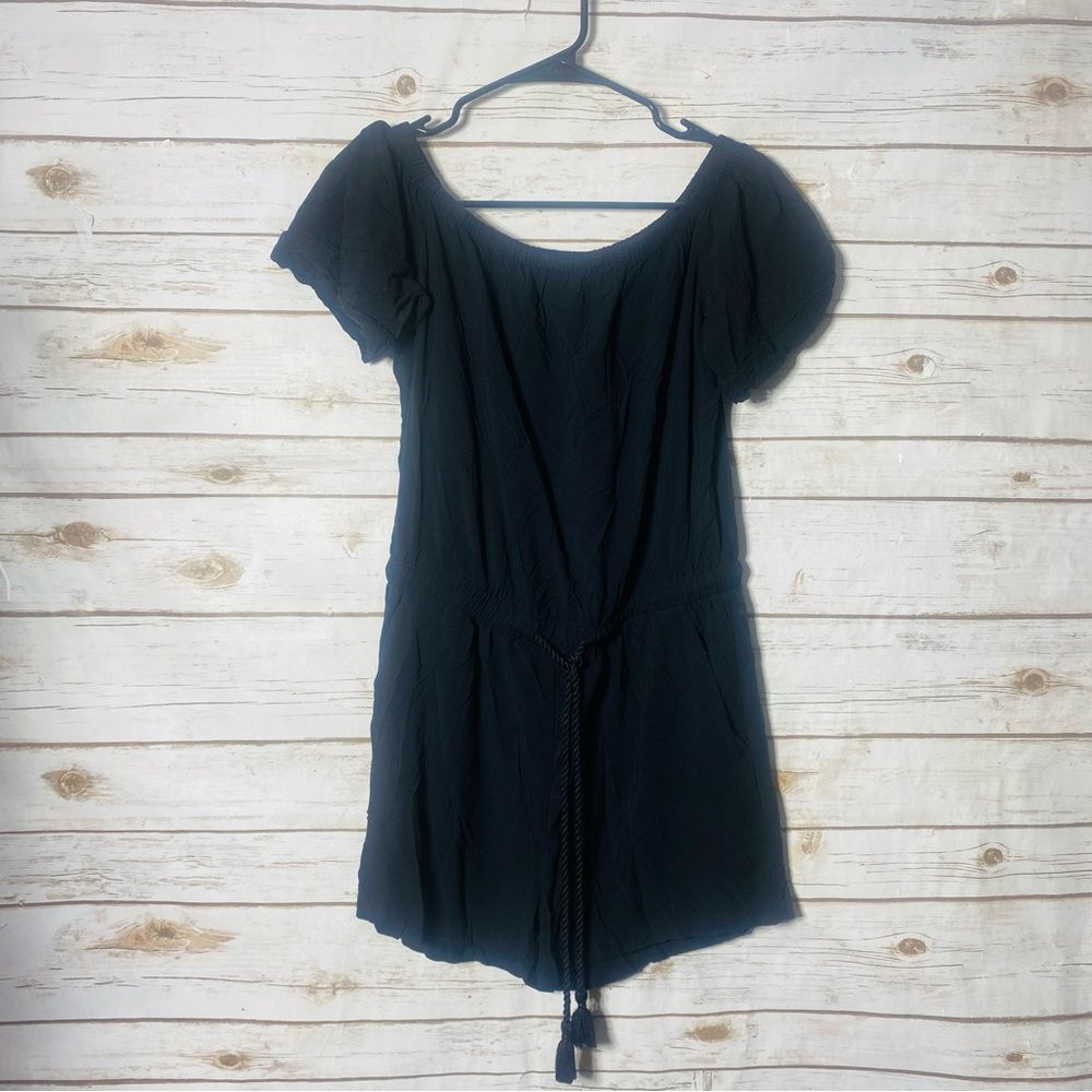 LOFT Women's Black Elastic Shoulder Gathered Draw String Waist Romper Size S